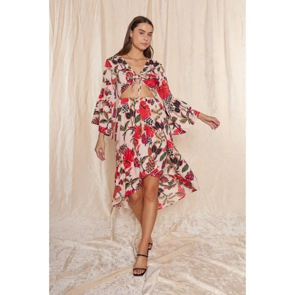 Raga Natura Bell Sleeve Cutout High-Low Midi Dress Small NWT $135
